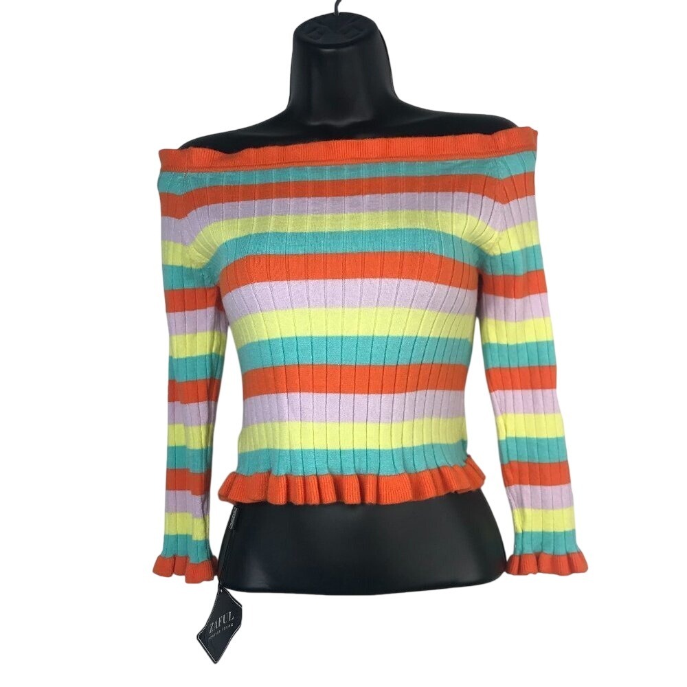 Zaful Off Shoulder Striped Rainbow Ruffle Sweater Y2k‎ Retro Color Pop Top